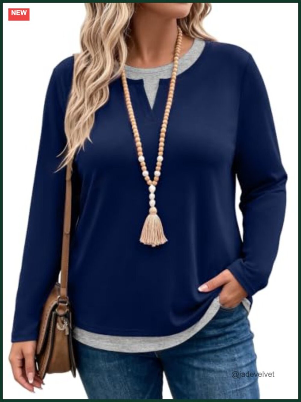 Plus Size Long Sleeve Crewneck Color Block Patchwork Top 1X-5X
